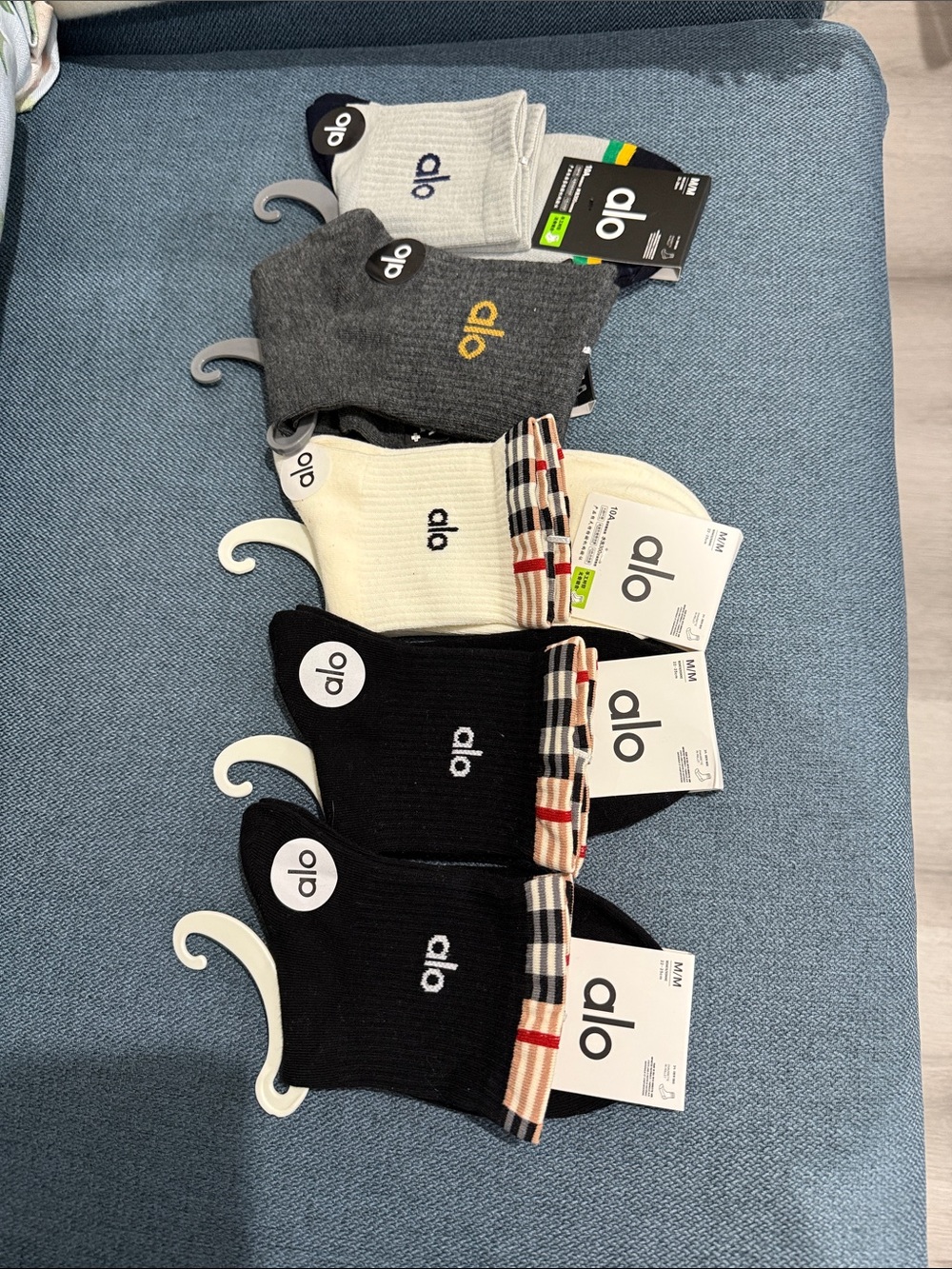 ALO Yoga Mixed Color Pack Crew Socks - Black, Cream, Gray, White, Plaid Accent